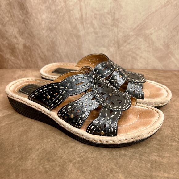Clarks Artisan Black Strappy Sandals Embroidered Studded Leather Indie Peasant - Picture 1 of 10